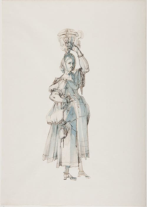 ジャック・ベランジュ《女庭師》ペン、褐色インク、青の淡彩、グラファイト、赤チョーク、部分的に尖筆による印付のための切込み、紙(本紙より切り抜いて別紙に貼り付け)
スウェーデン国立美術館蔵 ©Cecilia Heisser/Nationalmuseum 2016