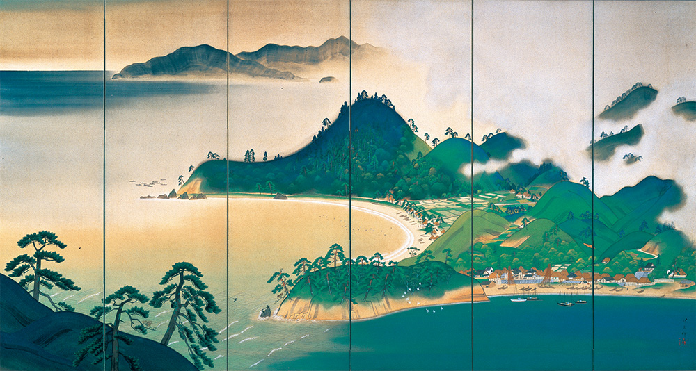 松岡映丘《さつきまつ浜村》1928年　絹本着色六曲一隻　練馬区立美術館蔵