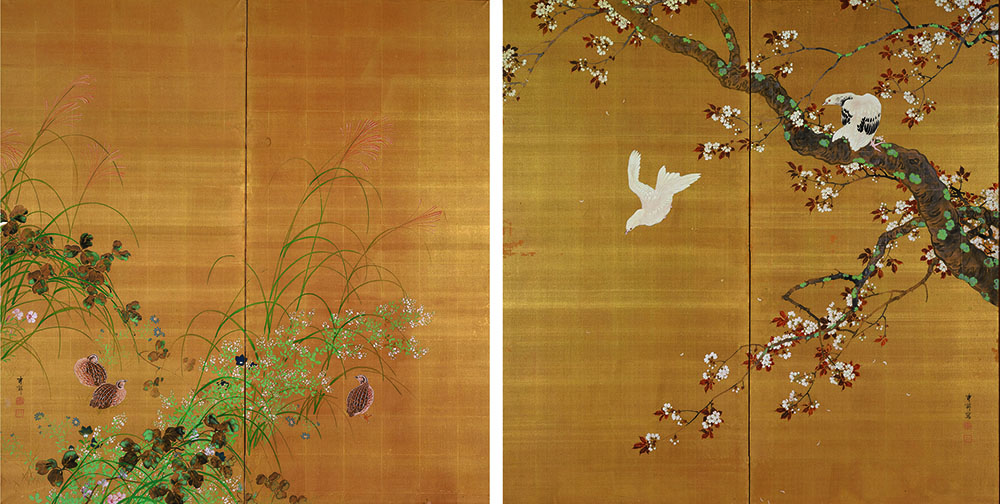 池上秀畝《桜花双鳩・秋草群鶉図》1921年　絹本金地着色二曲一双　練馬区立美術館蔵
