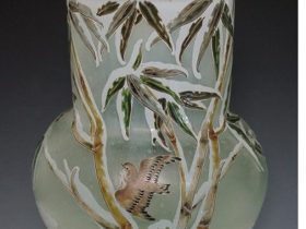 ガレ【笹に雀文花瓶】高さ：27.5cm