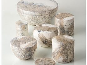 1銀漆器彩陶筥「風ひかる」径21.6×高10.4cm 2銀漆器彩陶筥「あまのうみ（天の海）」径9.6×高9.4cm 3銀漆器彩陶筥「さやか」径11.6×高8.7cm 4銀漆器彩陶筥「はるがすみ（春霞）」径9.4×高9.3cm 5銀漆器彩陶筥「みょうじょう（明星）」径8.6×高3.5cm 6銀漆器彩陶筥「おぼろづき（朧月）」径11.5×高7.8cm 7銀漆器彩陶筥「ほのか」径6×高7.4cm