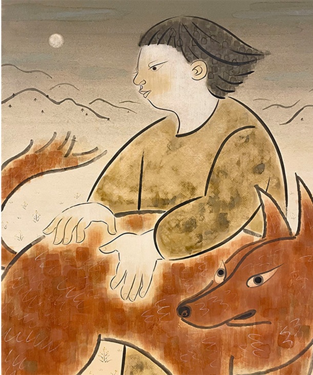 横山芙實「道草」（F20号、雲肌麻紙、岩絵具、土絵具）