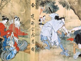義経千本桜　加賀見山旧錦絵（横幟）［部分］　河田小龍　 一張　安政4年（1857）　高知県立歴史民俗資料館　【展示期間：9/10～10/6】