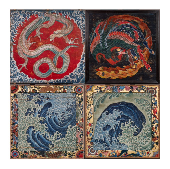 （左上から）東町祭屋台天井絵「龍」「鳳凰」
上町祭屋台天井絵「男浪」「女浪」