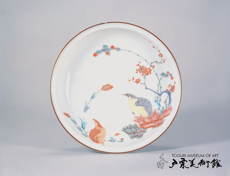 色絵 梅竹粟鶉文 皿　伊万里（柿右衛門様式）江戸時代（17世紀後半）口径15.1㎝　戸栗美術館収蔵