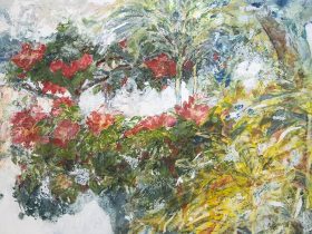 石原葉「metalogue(rainyday)」シーチング・水干絵具・岩絵具・蝋ｈ700×ｗ910mm