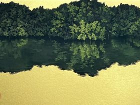 「緑映」P4号絹目金紙、岩絵具