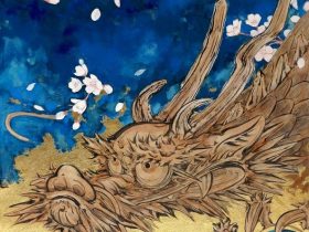「花咲雲龍図」 10F 麻紙、岩絵具、金箔