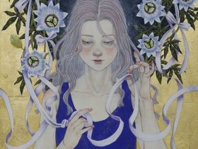 「ひもとく」 6F 麻紙、岩絵具、金箔