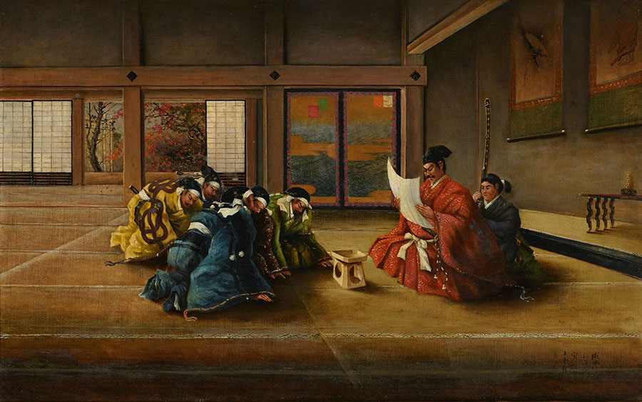 高橋由一《織田信長ひそかに密勅を五老臣に示すの図》明治26年(1893)、油彩・カンヴァス、国（皇居三の丸尚蔵館収蔵）