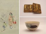 （左）「常盤雪行之図」（部分）松本楓湖　　　（右上）「源氏物語蒔絵箱」作者不明　（右下）「仁清写隅田川茶碗」16代永楽善五郎