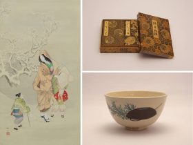 （左）「常盤雪行之図」（部分）松本楓湖　　　（右上）「源氏物語蒔絵箱」作者不明　（右下）「仁清写隅田川茶碗」16代永楽善五郎