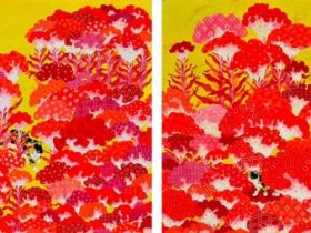 「遊観」（左）／　「景観」（右） 雲肌麻紙に岩絵具、箔 P8 号