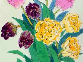 「チューリップ」 岩絵具、墨 34.5 × 24 cm