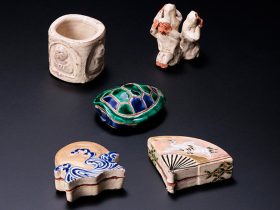 四方仏蓋置・三猿蓋置・古清水蔵六香合・日ノ出波涛香合・扇面双鶴香合