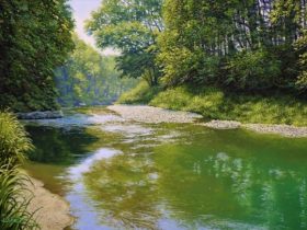 「静穏」F4 油彩・パネル・ジェッソ 〈埼玉県嵐山渓谷〉