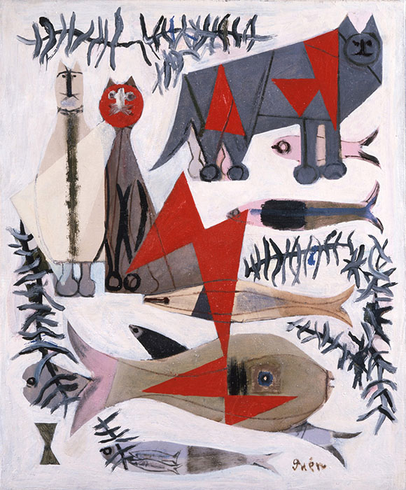 猪熊弦一郎 《猫と魚》1953-1954年 油彩・カンヴァス 群馬県立館林美術館蔵 ©The MIMOCA Foundation