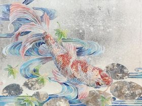 「流れに乗る」 パネルに麻紙、銀箔、岩絵具、パールアフレア P15 号