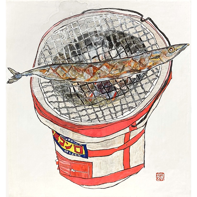 「七輪」 麻紙　岩絵具　箔 4号　33.3×31.24cm