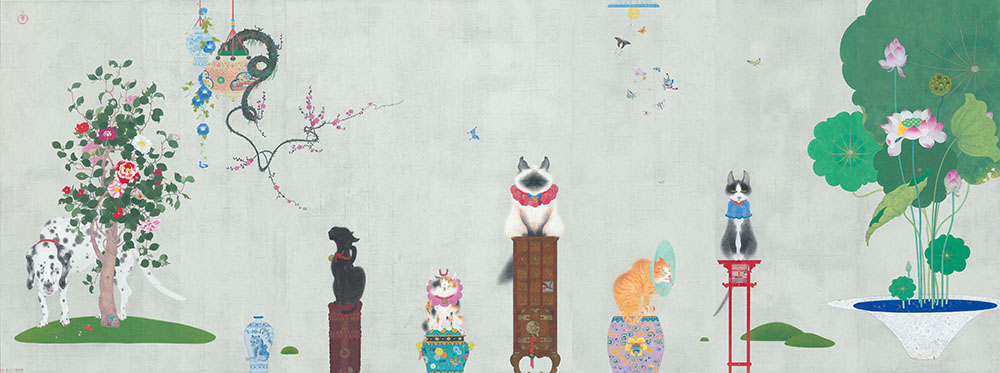 田島周吾《猫五匹犬一匹図》2025年