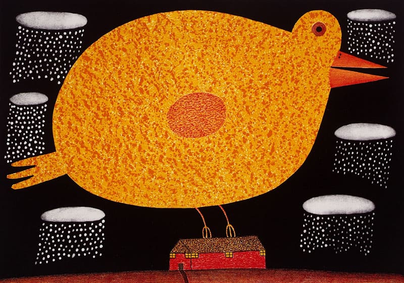 《雨に唄う大きな鳥》　Giant Bird Singing in the Rain　2002年　リトグラフ、紙　個人蔵