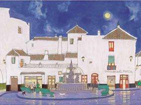 「雨上がりの広場」 （版画、縦30×横43cm）