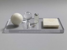 Mind Object I 1960 / 1966 Acrylic, marble, coin, cigarette, salt shaker h.2.5 x w.45.5 x d.30.0 cm ©Yoko Ono