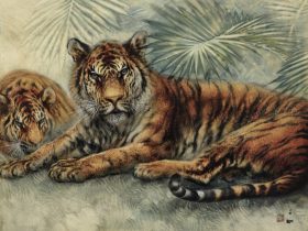 「猛乕之図」43.7×50.3cm額装 絹本 共板 東美鑑