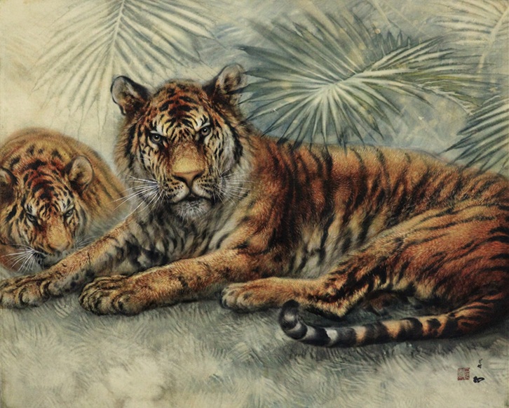 「猛乕之図」43.7×50.3cm額装 絹本 共板 東美鑑