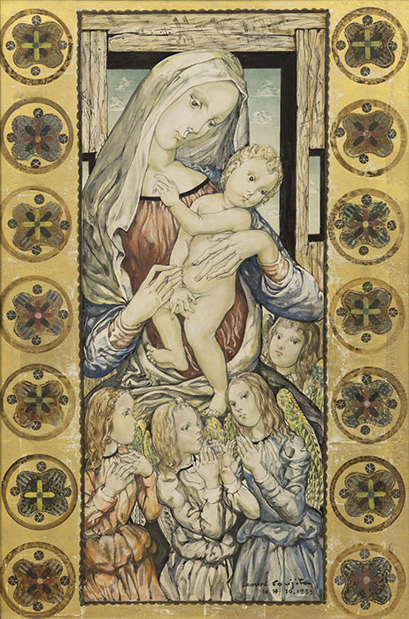 《聖母子》1959年　インク・墨（淡彩）、金箔、油彩・キャンバス　ランス大聖堂蔵　ランス美術館寄託
© Fondation Foujita / ADAGP, Paris & JASPAR, Tokyo, 2025 B0936