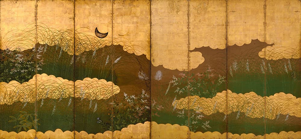 《武蔵野図屏風》 江戸時代　八曲一隻　紙本金地著色（2025年9月5日から11月5日まで展示予定）