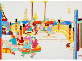 日本橋と群像図 日本画、紙本、着色 15号M 2024年