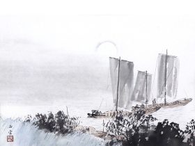 川合玉堂 夕月 日本画 42.0×57.5