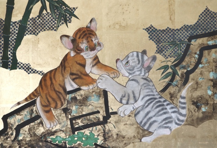 中西瑛理香「にらめっこ」　2025年
50.0×72.7cm
岩絵具、水干絵具、ミクストメディア、洋箔、麻紙