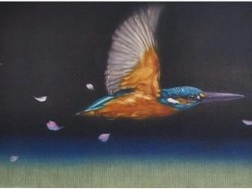 【翡翠飛翔】カラーメゾチント、15×25cm