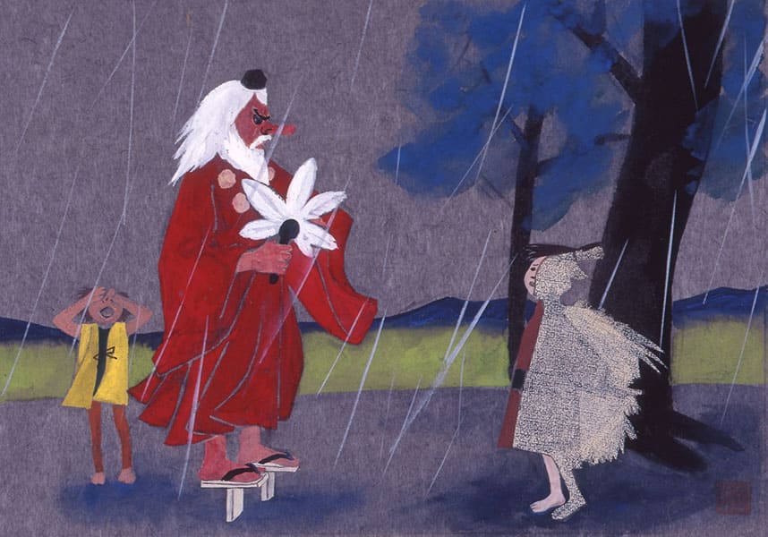 朝倉摂《てんぐのかくれみの》14-15頁原画　1956年　宮城県美術館蔵