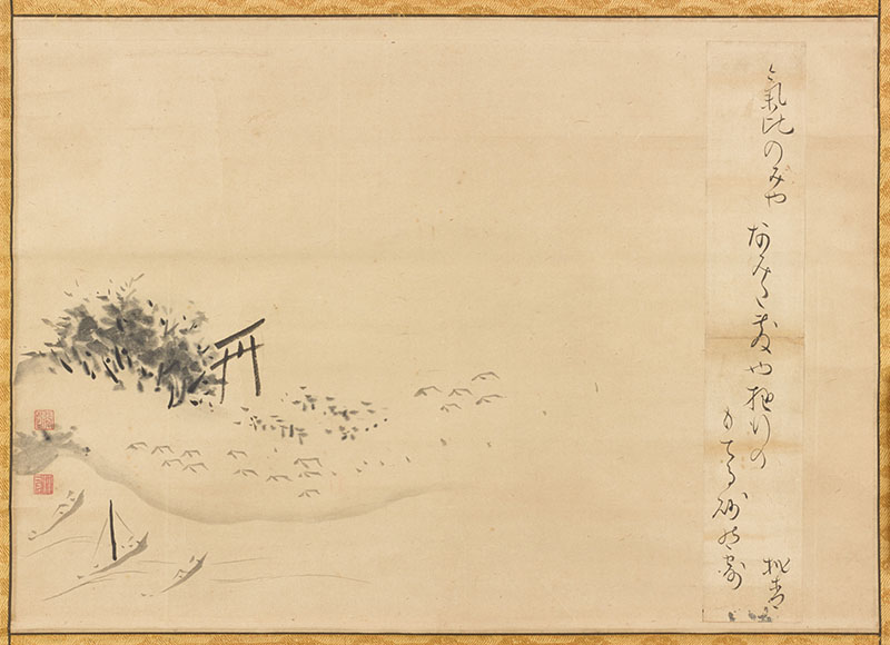 芭蕉筆「なみだ敷や」句短冊 画賛 気比の宮図　個人蔵　元禄２年（１６８９）