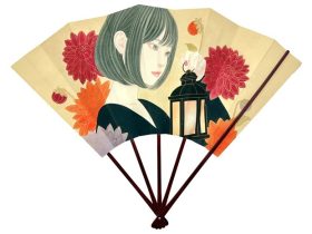 淺野 由大 タイトル：「ひとひらの灯」 素材　　：蝙蝠扇（桐箱・扇子立付き） サイズ　：尺二寸（37.5cm）