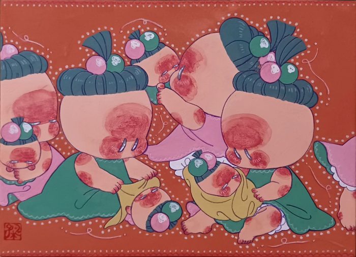 阿部桃子 おせわのまねっこ F4号 麻紙、水干絵具、岩絵具、色鉛筆