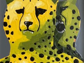 「チーター」 ペンキ、⽊製パネル、板 S6号