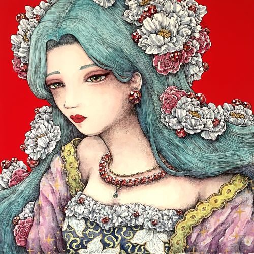 塩谷真代
華
310×310mm
紙、ドローイングペン、透明水彩、アクリル