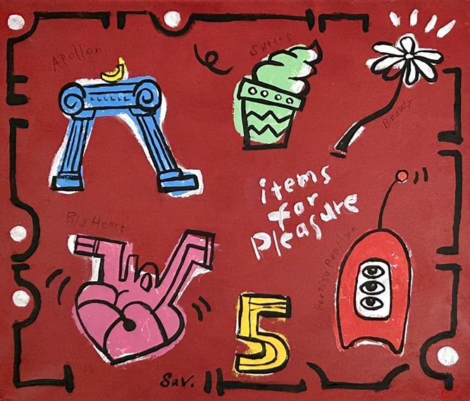 タイトル：「5 items for pleasure」 技法　　：Oil on canvas サイズ　：F10号（縦53×横45.5cm）