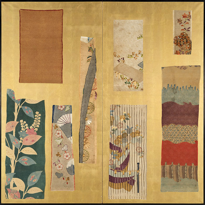 （関連展示 第３展示室特集展示「野村正治郎の後継者―賤男の活動」広報画像） 小袖裂貼装屛風　国立歴史民俗博物館蔵　野村正治郎衣裳コレクション