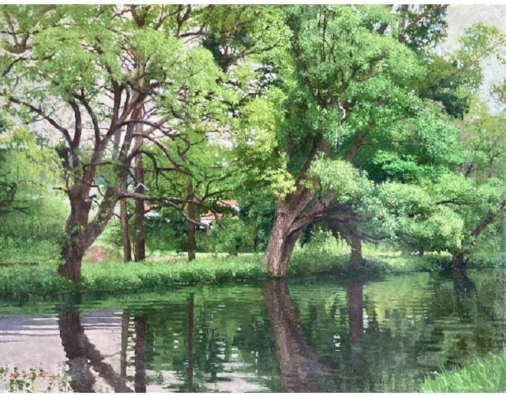 西房浩二【新緑の水辺】油彩、P10号