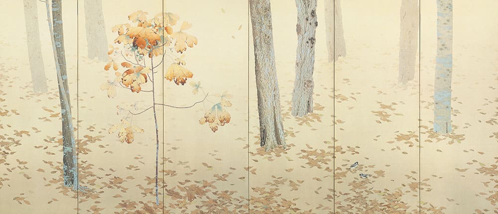 重要文化財　菱田春草「落葉」（左隻）明治42年（1909）　永青文庫蔵（熊本県立美術館寄託）※後期展示