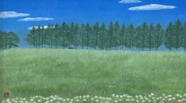 「青空と白い雲 マイルドセブンの丘」 岩絵具 4M