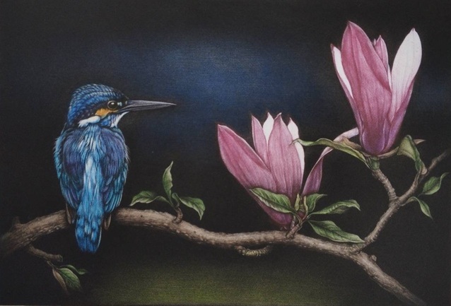 「紫木蓮に翡翠」 カラーメゾチント