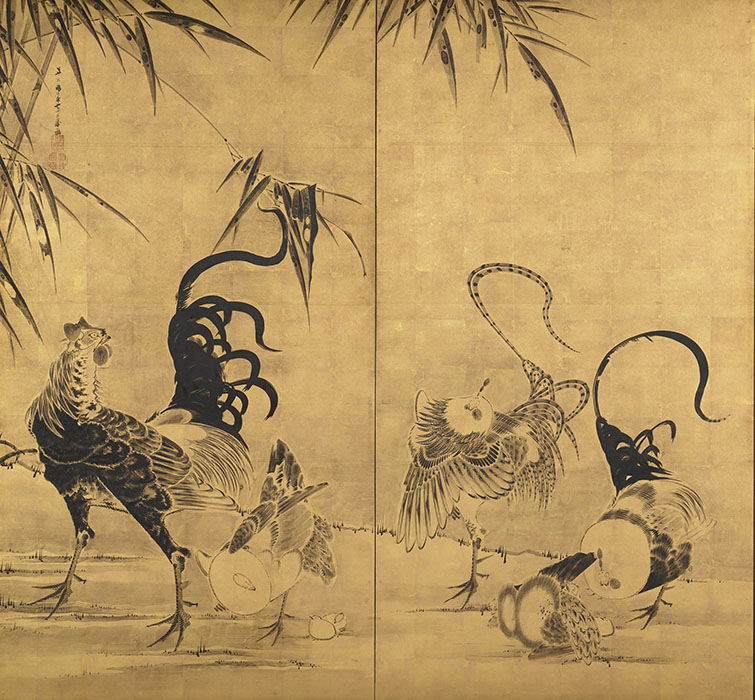 「竹鶏図屏風」 伊藤若冲筆 寛政2年(1790)以前 個人蔵