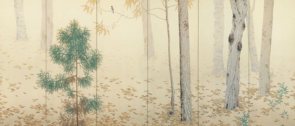 重要文化財　菱田春草「落葉」（右隻）明治42年（1909）　永青文庫蔵（熊本県立美術館寄託）※後期展示