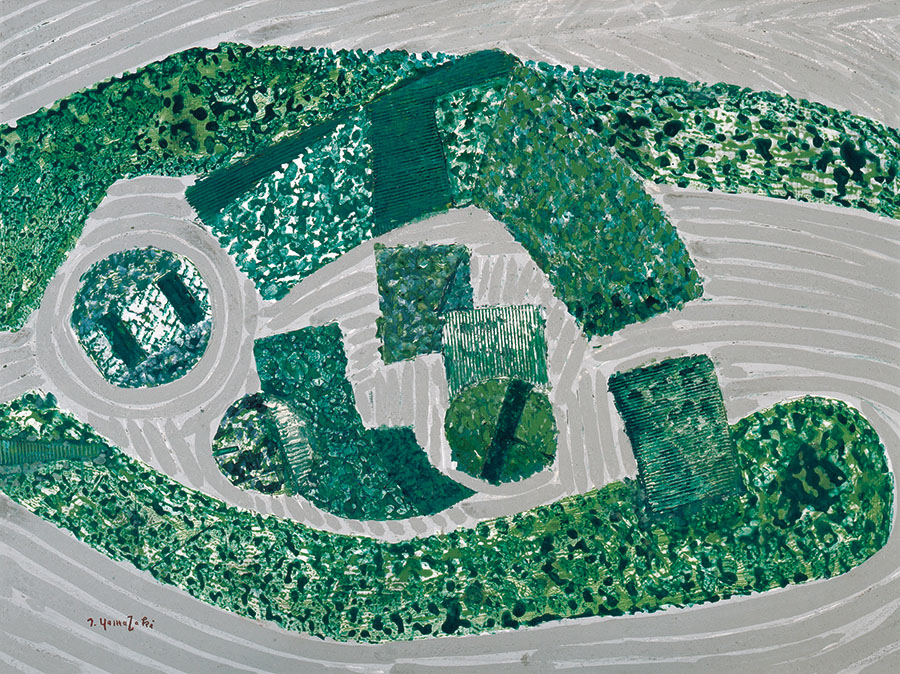 山崎隆夫《大池寺刈込庭》1989年　油彩、カンヴァス、コラージュ　芦屋市立美術博物館蔵